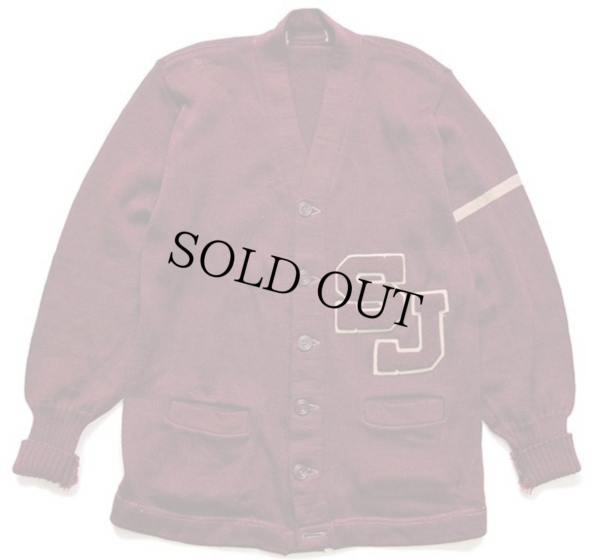 画像1: 50s UNKNOWN パッチ付き ウールニット レタードカーディガン ボロ バーガンディ 42 (1)