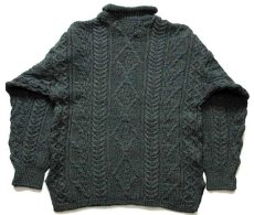 画像2: アイルランド製 Irish Homecraft ロールネック ケーブル編み ウール ハンドニット セーター 緑 ミックス S★フィッシャーマン (2)