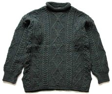 画像1: アイルランド製 Irish Homecraft ロールネック ケーブル編み ウール ハンドニット セーター 緑 ミックス S★フィッシャーマン (1)