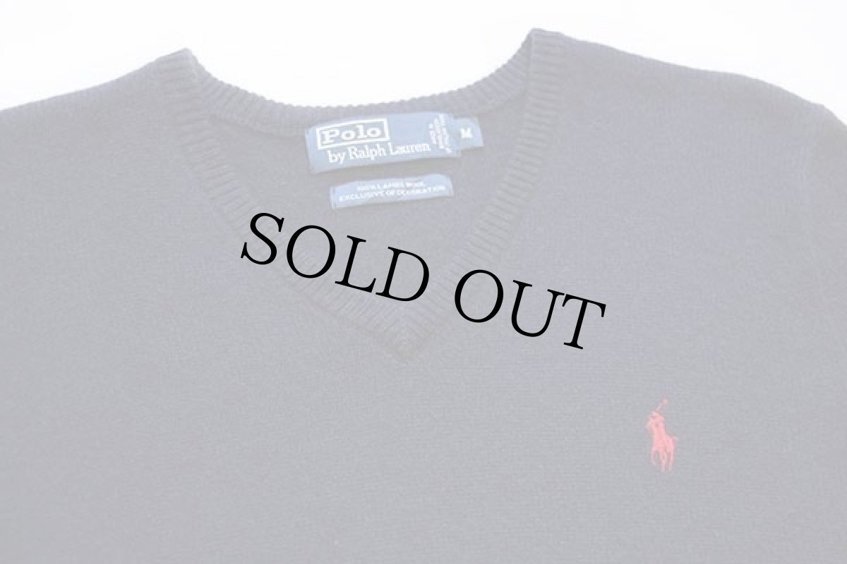 画像3: ポロ ラルフローレン ワンポイント Vネック ラムウールニット セーター 紺 M (3)