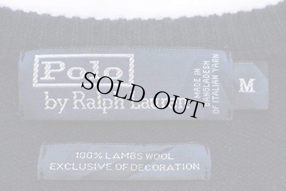 画像4: ポロ ラルフローレン ワンポイント Vネック ラムウールニット セーター 紺 M (4)