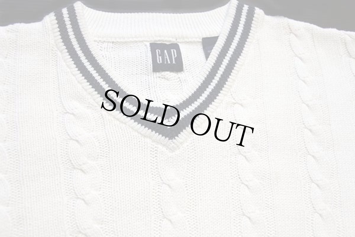 画像3: 90s GAPギャップ Vネック ケーブル編み コットンニット チルデンセーター 白 L (3)