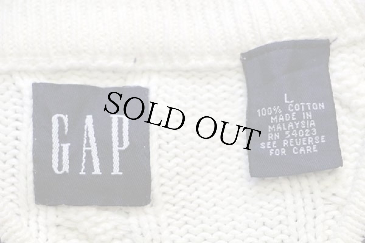 画像4: 90s GAPギャップ Vネック ケーブル編み コットンニット チルデンセーター 白 L (4)