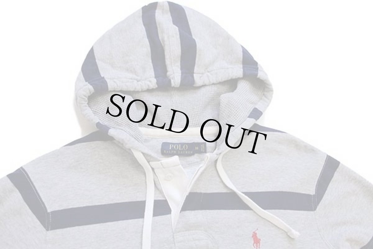 画像3: ポロ ラルフローレン ボーダー フード裏サーマル スウェットパーカー 杢グレー×紺 M (3)