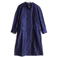 画像1: デッドストック★ビンテージ ユーロ ワーク ノーカラー コットンサテン コート インクブルー 4 (1)