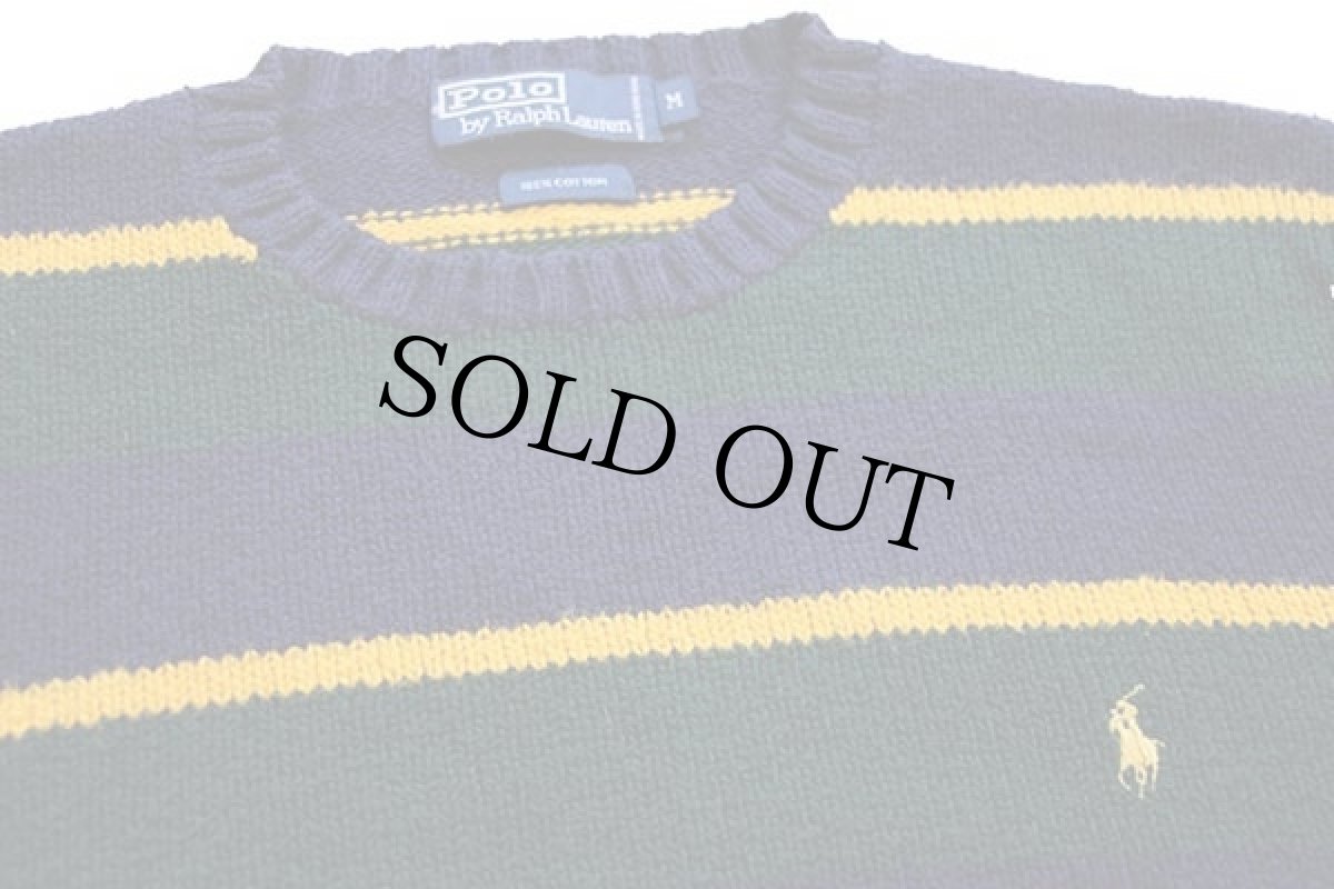 画像3: 90s ポロ ラルフローレン マルチボーダー コットンニット セーター 緑×紺×黄 M (3)