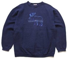 画像1: 90s USA製 YELLOWSTONE ヘラジカ 刺繍 コットン スウェット 紺 L★イエローストーン国立公園 (1)