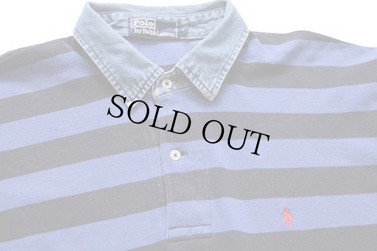 画像3: 90s ポロ ラルフローレン ボーダー コットン 鹿の子 長袖ポロシャツ 青×紺 L (3)