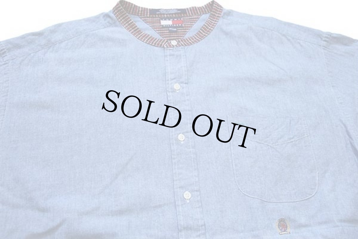 画像3: 90s TOMMY HILFIGERトミーヒルフィガー ワンポイント チェック切り替え バンドカラー コットン シャンブレーシャツ XXL (3)