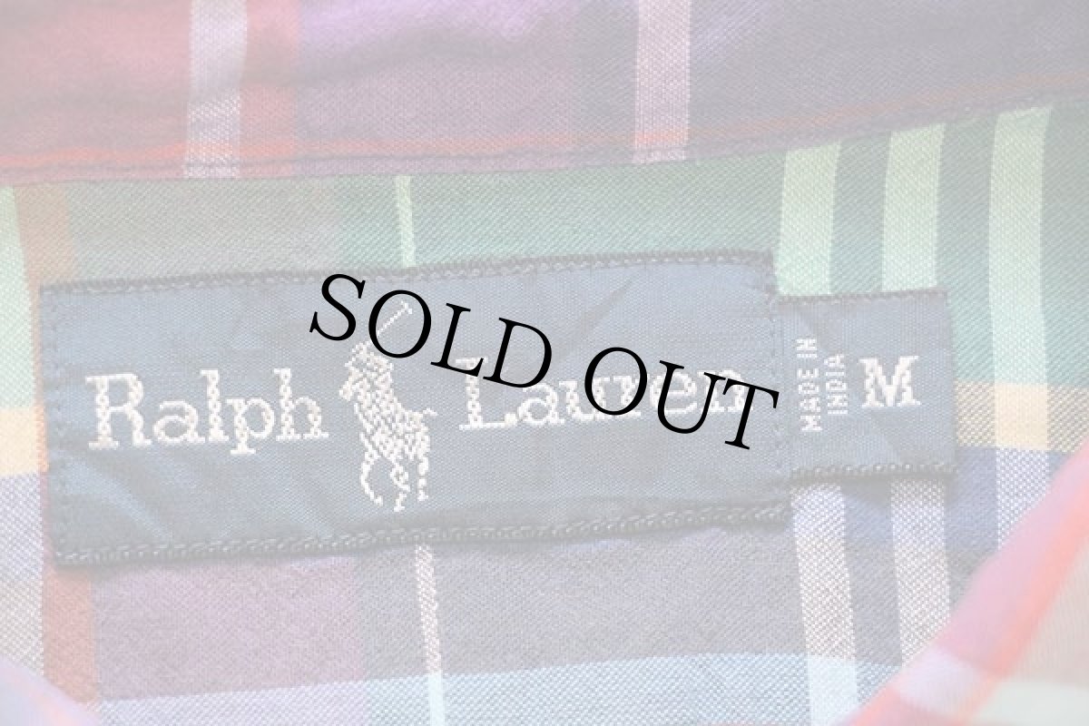 画像4: ラルフローレン マドラスチェック マチ付き 三点留め ボタンダウン コットンシャツ M★インド綿 (4)