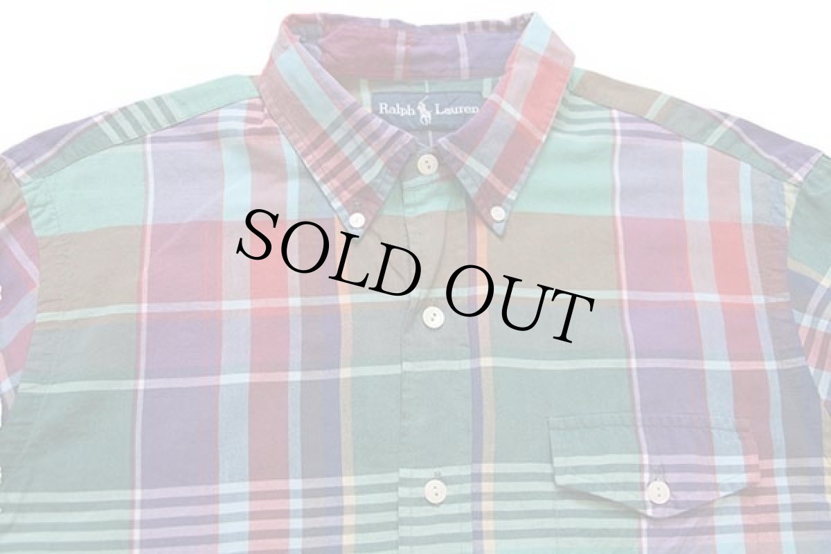 画像3: ラルフローレン マドラスチェック マチ付き 三点留め ボタンダウン コットンシャツ M★インド綿 (3)