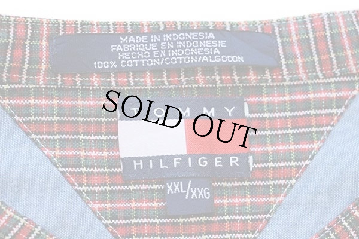 画像4: 90s TOMMY HILFIGERトミーヒルフィガー ワンポイント チェック切り替え バンドカラー コットン シャンブレーシャツ XXL (4)