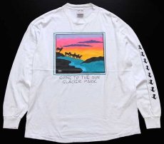 画像1: 80s USA製 GOING TO THE SUN GLACIER PARK アート コットン 長袖Tシャツ 白 XL (1)