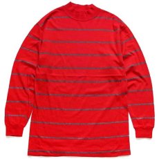 画像1: 90s USA製 Cross Creek モックネック ボーダー コットン 長袖Tシャツ 赤×グレー M (1)