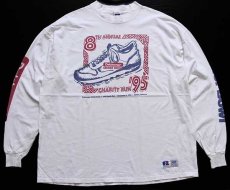 画像1: 90s USA製 RUSSELLラッセル Delchamps CHARITY RUN 95 スニーカー 協賛 両面プリント コットン 長袖Tシャツ 白 XL (1)