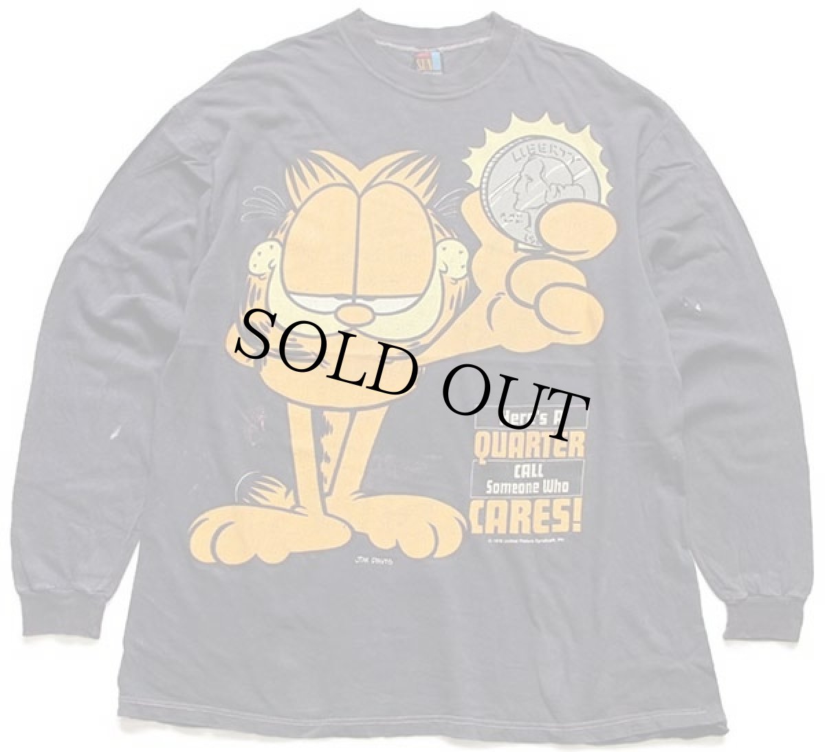 画像1: 80s Garfieldガーフィールド Here's A QUARTER CALL Someone Who CARES コットン 長袖Tシャツ ボロ 黒 (1)