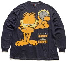 画像1: 80s Garfieldガーフィールド Here's A QUARTER CALL Someone Who CARES コットン 長袖Tシャツ ボロ 黒 (1)