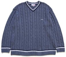 画像1: 90s イタリア製 Levi'sリーバイス ワンポイント Vネック ケーブル編み コットン×アクリルニット チルデンセーター グレー L★ユーロ (1)