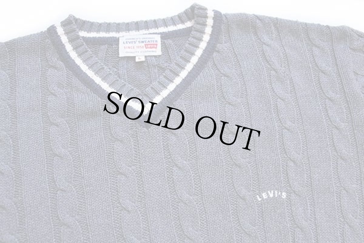 画像3: 90s イタリア製 Levi'sリーバイス ワンポイント Vネック ケーブル編み コットン×アクリルニット チルデンセーター グレー L★ユーロ (3)