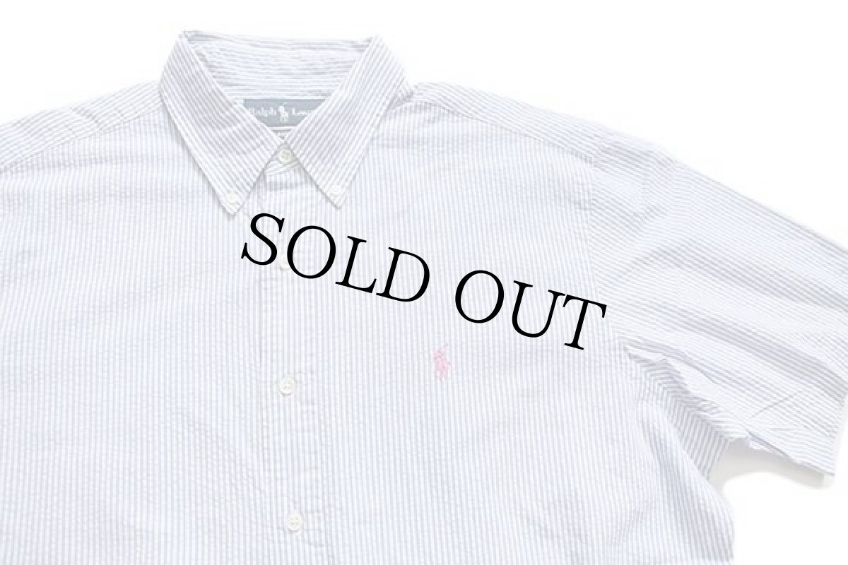 画像3: ラルフローレン ストライプ ボタンダウン 半袖 コットン シアサッカーシャツ サックス×ホワイト L (3)