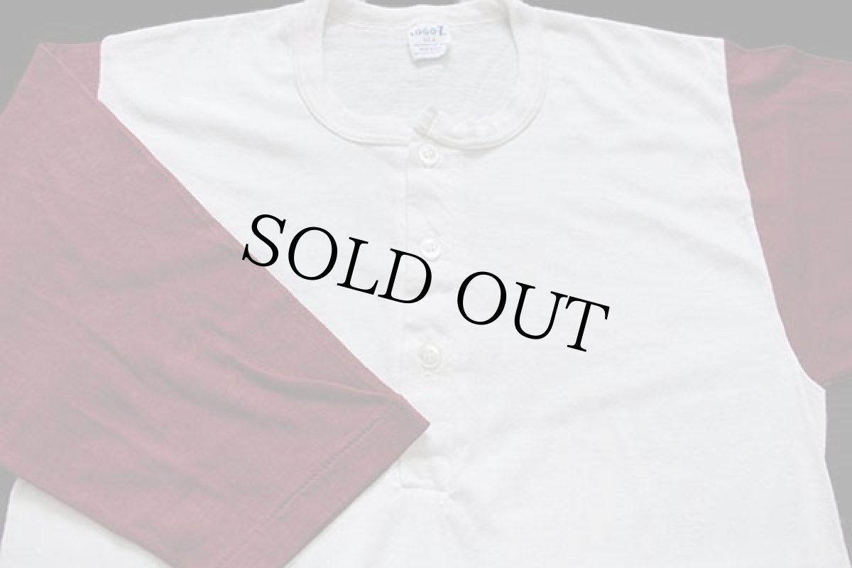 画像2: 70s USA製 LOGO-7 ツートン ヘンリーネック 七分袖 Tシャツ 生成り×バーガンディ M (2)