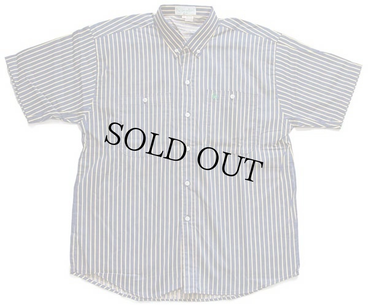 画像2: デッドストック★80s benettonベネトン ストライプ ボタンダウン 半袖 コットンシャツ 紺×黄 L (2)