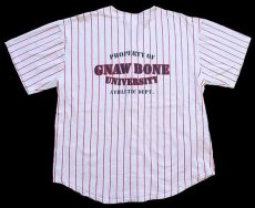 画像2: 90s USA製 GNAW BONE UNIVERSITY ステンシル ピンストライプ コットン ベースボールシャツ 白×赤 XL (2)