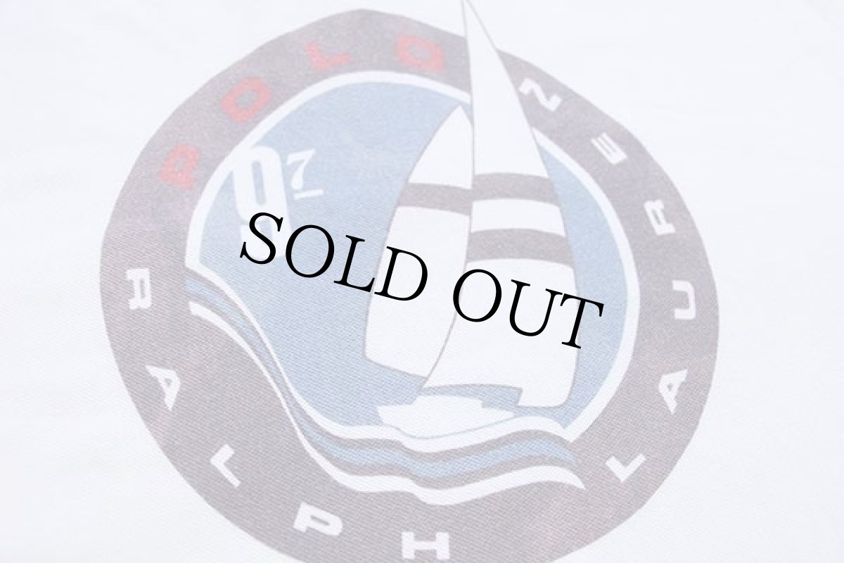 画像4: 90s ポロ ラルフローレン 97 ヨット 染み込みプリント ポケット付き コットン 鹿の子 ポロシャツ 白 L (4)