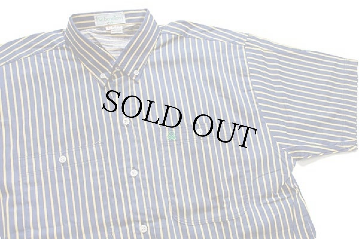 画像4: デッドストック★80s benettonベネトン ストライプ ボタンダウン 半袖 コットンシャツ 紺×黄 L (4)