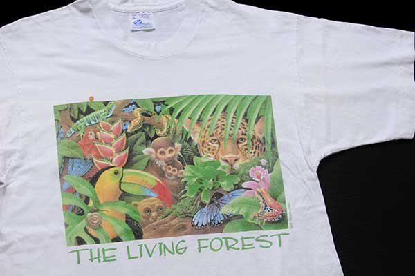 90s USA製 THE LIVING FOREST アニマル アート コットンTシャツ 白 L 