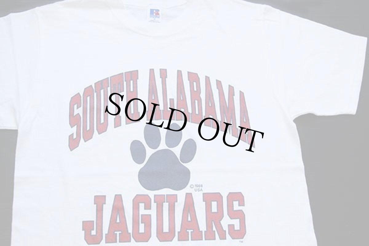画像1: 80s USA製 RUSSELLラッセル SOUTH ALABAMA JAGUARS 足型 コットンTシャツ 白 M (1)