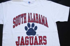 画像1: 80s USA製 RUSSELLラッセル SOUTH ALABAMA JAGUARS 足型 コットンTシャツ 白 M (1)