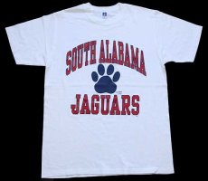 画像2: 80s USA製 RUSSELLラッセル SOUTH ALABAMA JAGUARS 足型 コットンTシャツ 白 M (2)