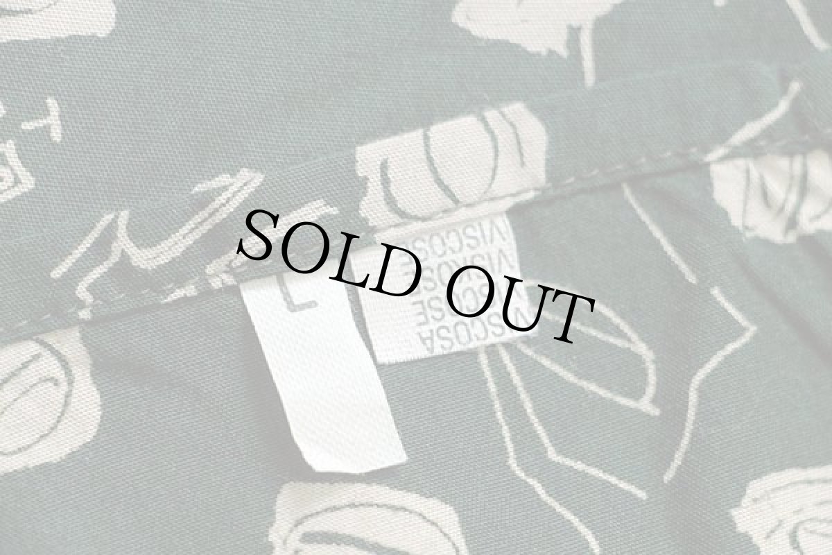 画像4: 80s UNKNOWN 総柄 半袖 レーヨンシャツ 緑×アイボリー L (4)