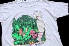 画像1: 80s RENO オウム バタフライ リーフ アート コットンTシャツ 白 (1)