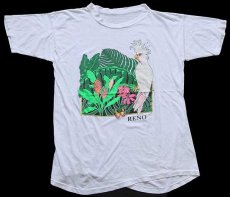 画像2: 80s RENO オウム バタフライ リーフ アート コットンTシャツ 白 (2)