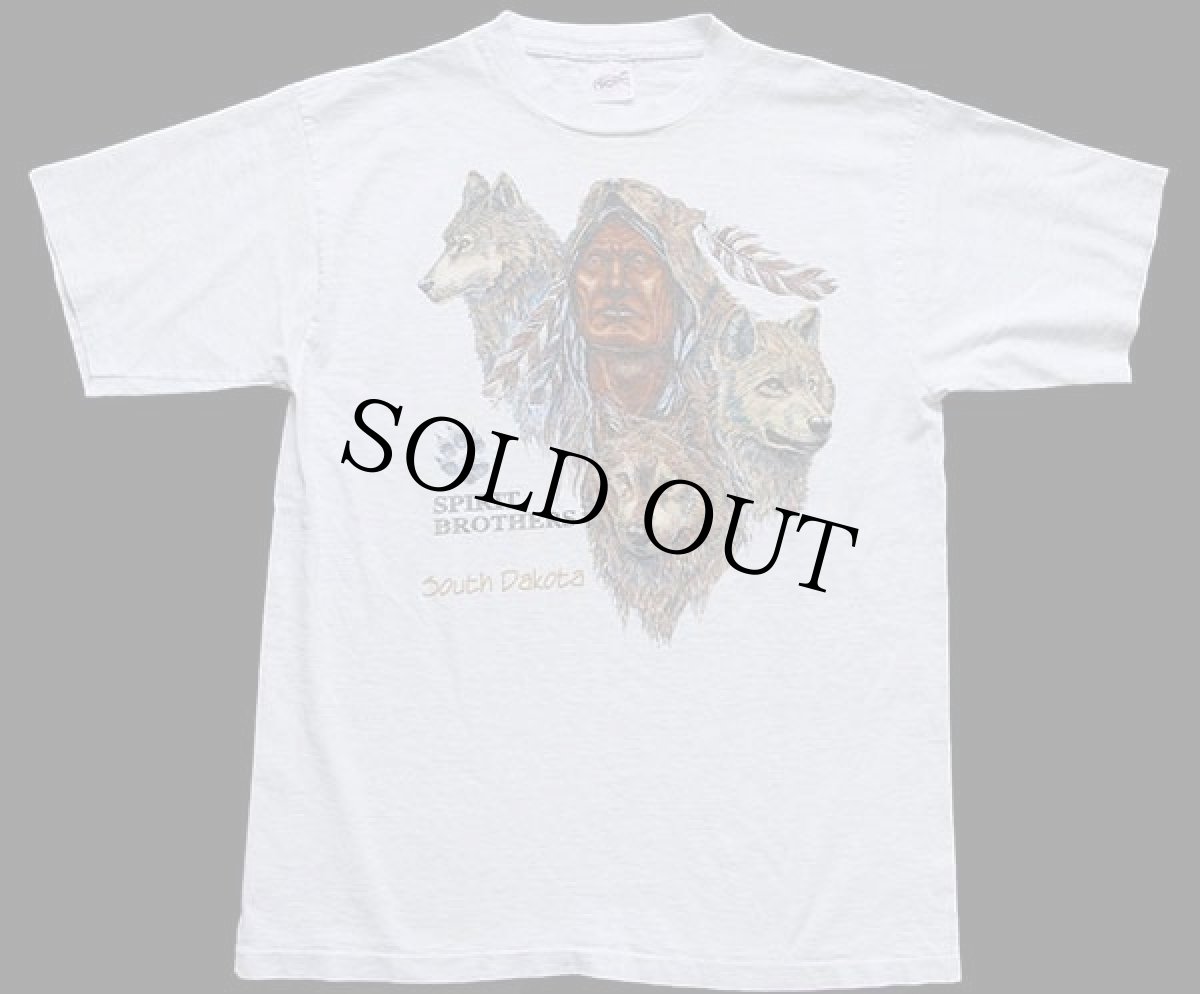 画像2: 90s USA製 SPIRIT BROTHERS south Dakota ネイティブ インディアン ウルフ コットンTシャツ 杢ライトブルー L (2)