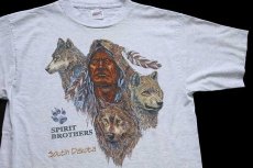 画像1: 90s USA製 SPIRIT BROTHERS south Dakota ネイティブ インディアン ウルフ コットンTシャツ 杢ライトブルー L (1)