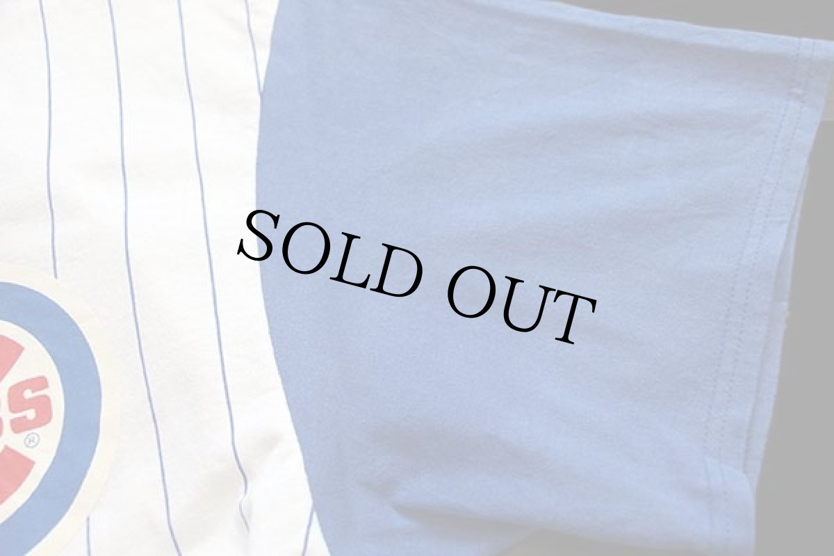 画像5: 90s USA製 MLB CHICAGO CUBS ピンストライプ ツートン 切り替え コットン ベースボールシャツ 白×青 L (5)