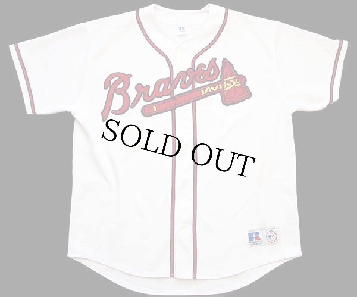 画像1: 90s RUSSELLラッセル MLB Atlanta Braves ベースボールシャツ 白 XL (1)