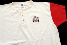 画像1: 90s USA製 GRAND SLAM ベースボール 刺繍 ツートン ヘンリーネック コットンTシャツ 生成り×赤 2X (1)