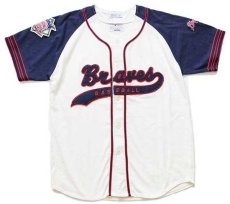 画像1: 90s USA製 STARTERスターター MLB Atlanta Braves フェルトパッチ ツートン 切り替え ベースボールシャツ アイボリー×紺 M (1)