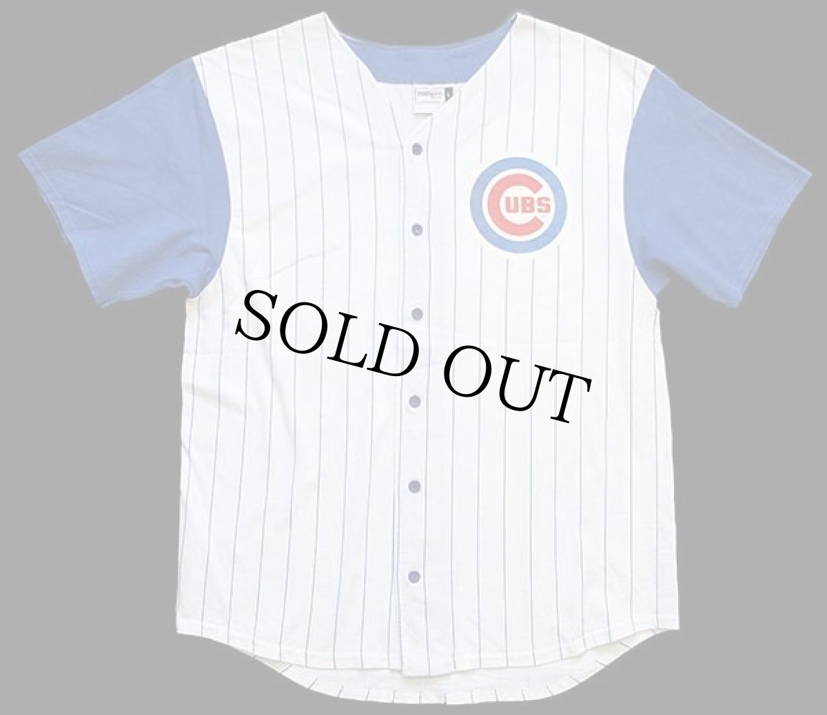 画像1: 90s USA製 MLB CHICAGO CUBS ピンストライプ ツートン 切り替え コットン ベースボールシャツ 白×青 L (1)