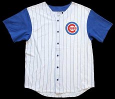画像1: 90s USA製 MLB CHICAGO CUBS ピンストライプ ツートン 切り替え コットン ベースボールシャツ 白×青 L (1)