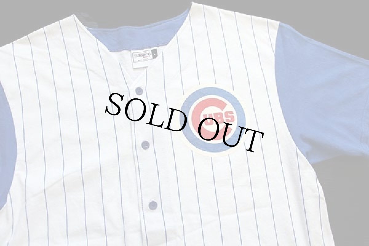 画像3: 90s USA製 MLB CHICAGO CUBS ピンストライプ ツートン 切り替え コットン ベースボールシャツ 白×青 L (3)