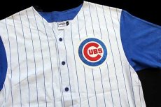 画像3: 90s USA製 MLB CHICAGO CUBS ピンストライプ ツートン 切り替え コットン ベースボールシャツ 白×青 L (3)