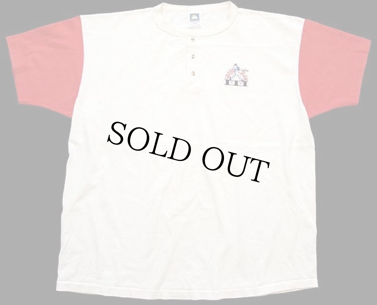 画像2: 90s USA製 GRAND SLAM ベースボール 刺繍 ツートン ヘンリーネック コットンTシャツ 生成り×赤 2X (2)