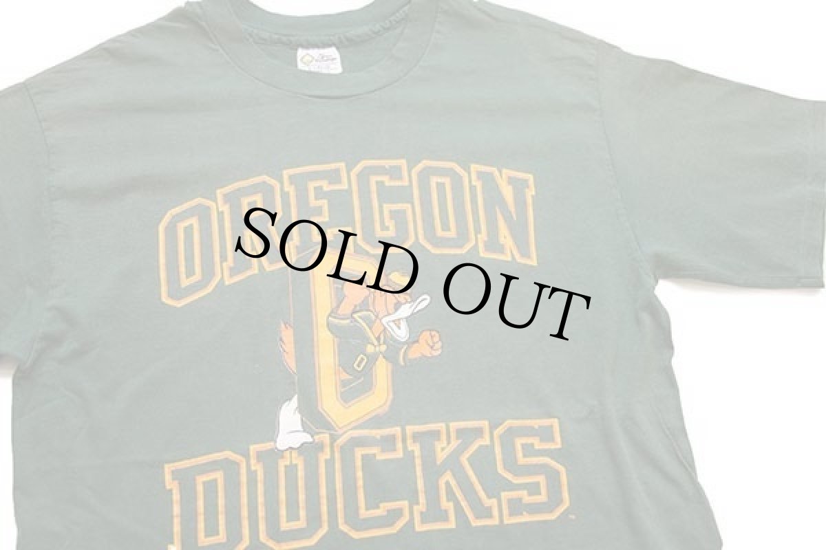 画像1: 90s USA製 The Cotton Exchange OREGON DUCKS コットンTシャツ 緑 フェード XL (1)