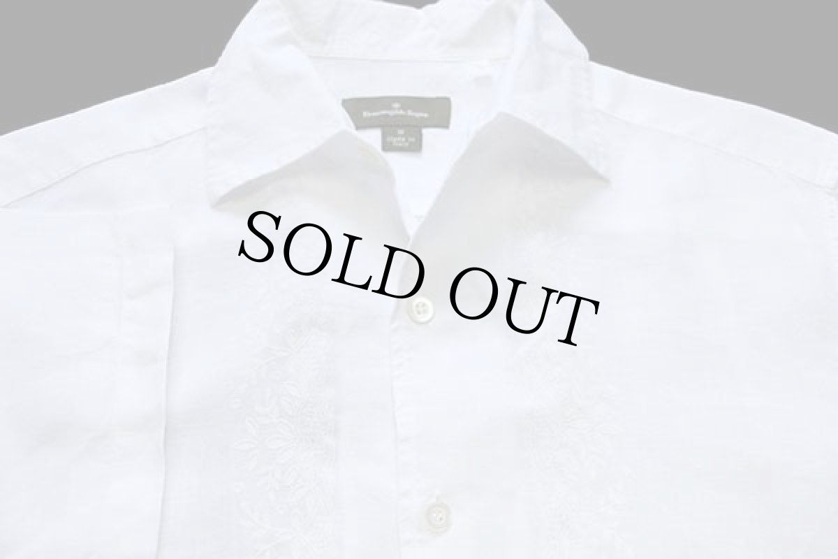 画像3: イタリア製 Ermenegildo Zegna リーフ刺繍 半袖 リネンシャツ 白 M (3)