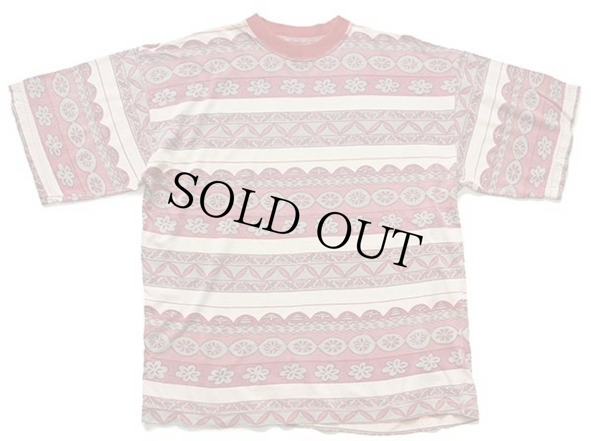 画像2: 80s UNKNOWN 総柄 ボーダー コットンTシャツ M (2)